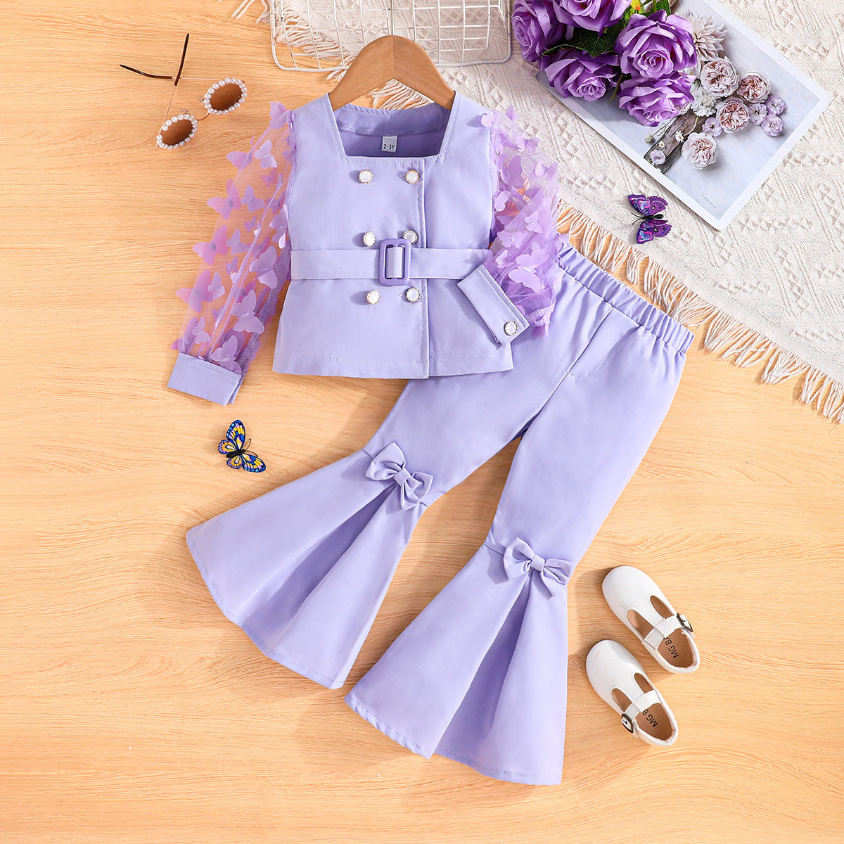 Girls' Mesh Sleeve Top Bell-bottom Pants Suit