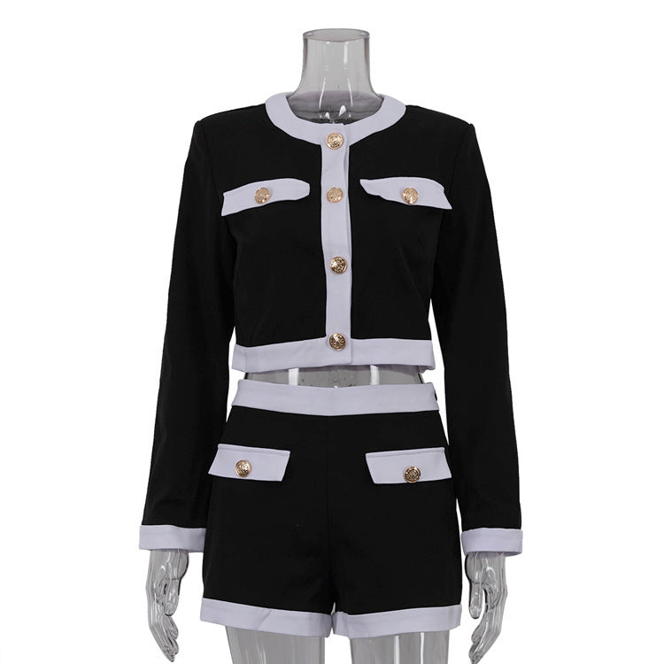 Color Contrast Patchwork Long Sleeve Cardigan Short Top Shorts Two-piece Set