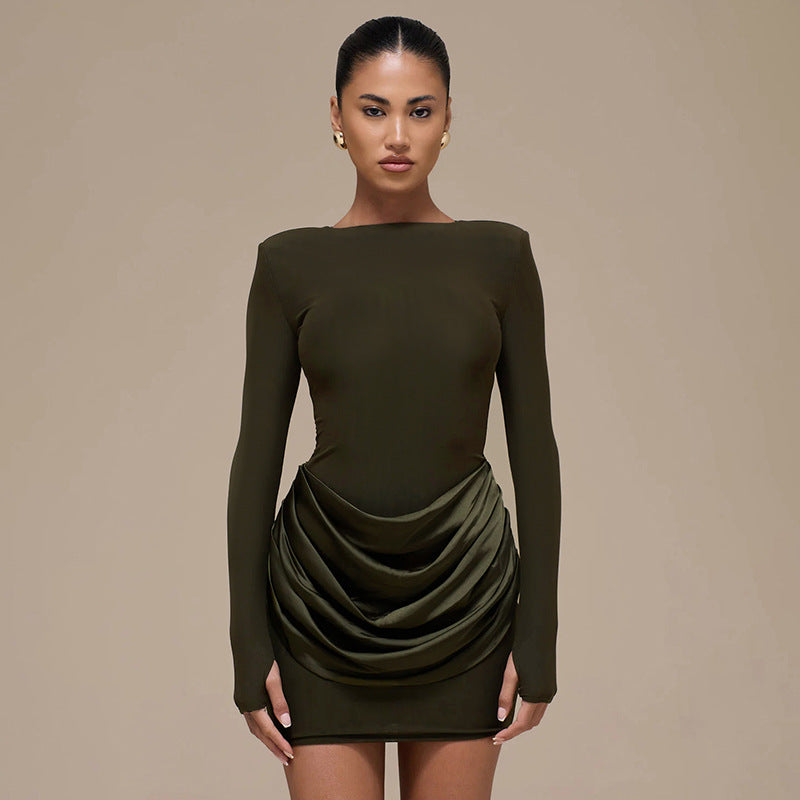 Casual Slim-fit Crew-neck Long-sleeve Ruched Mini Dress