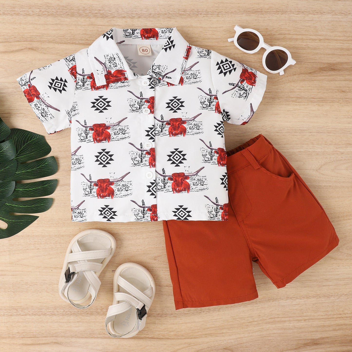 Children Animal Print Short-sleeved Shirt And Shorts Suit