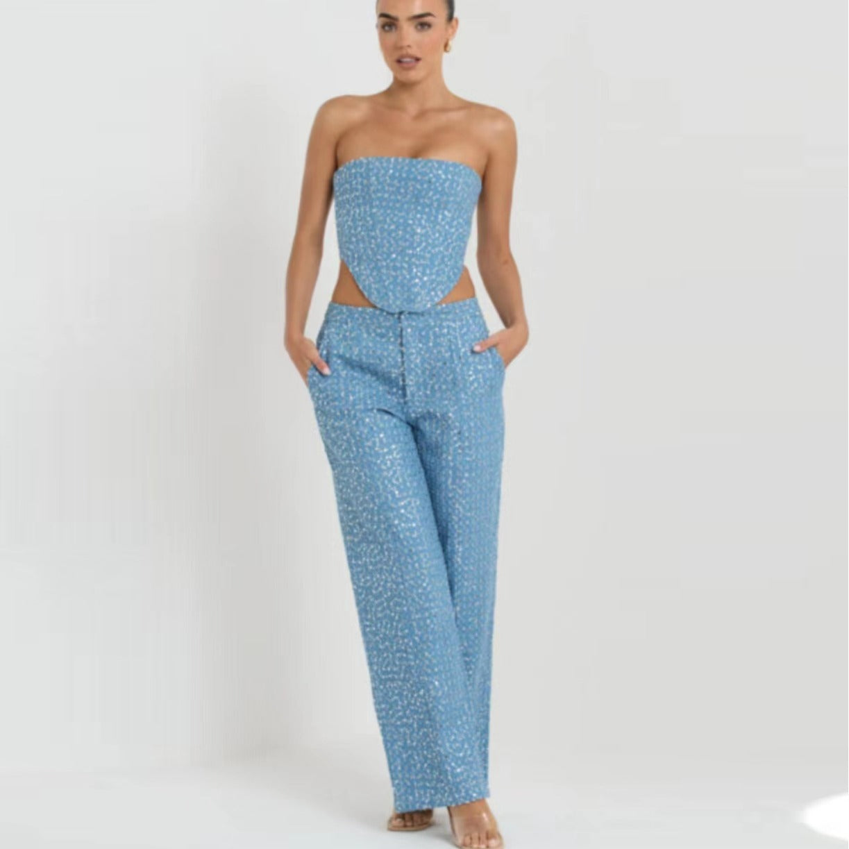 Ensemble haut tube en denim à paillettes et pantalon large