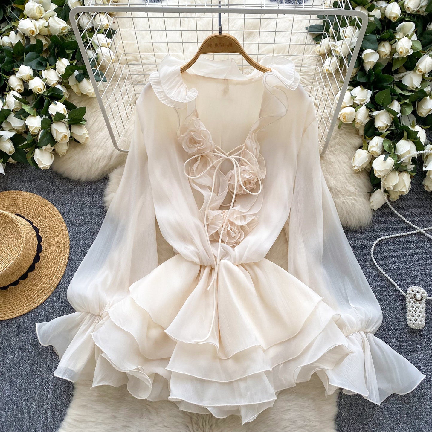 Womens Solid-Colored V-Neck 3D Floral Lace-Up Ruffled Chiffon Dress