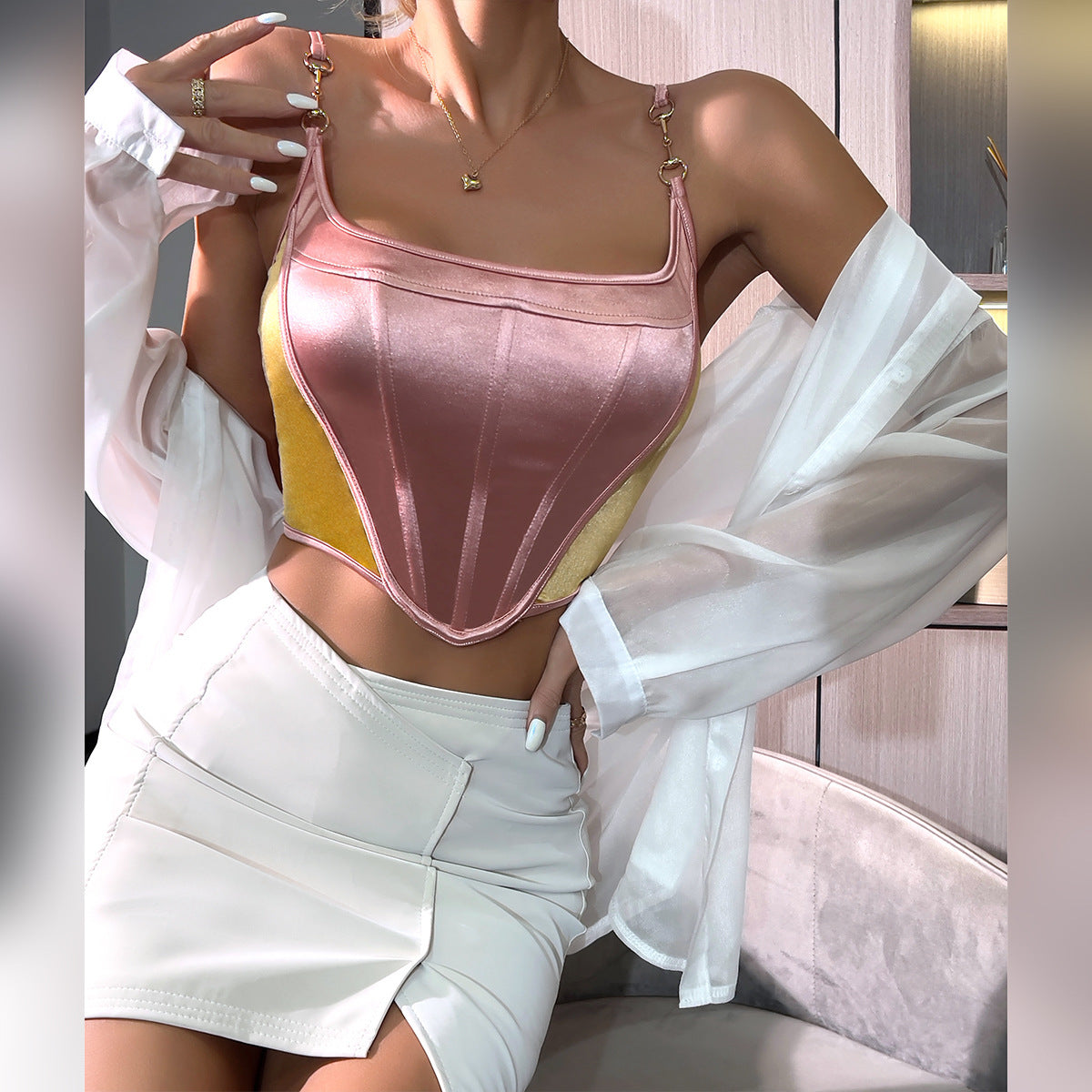 Women's Contrasting Color Patchwork Waistband Bone Suit