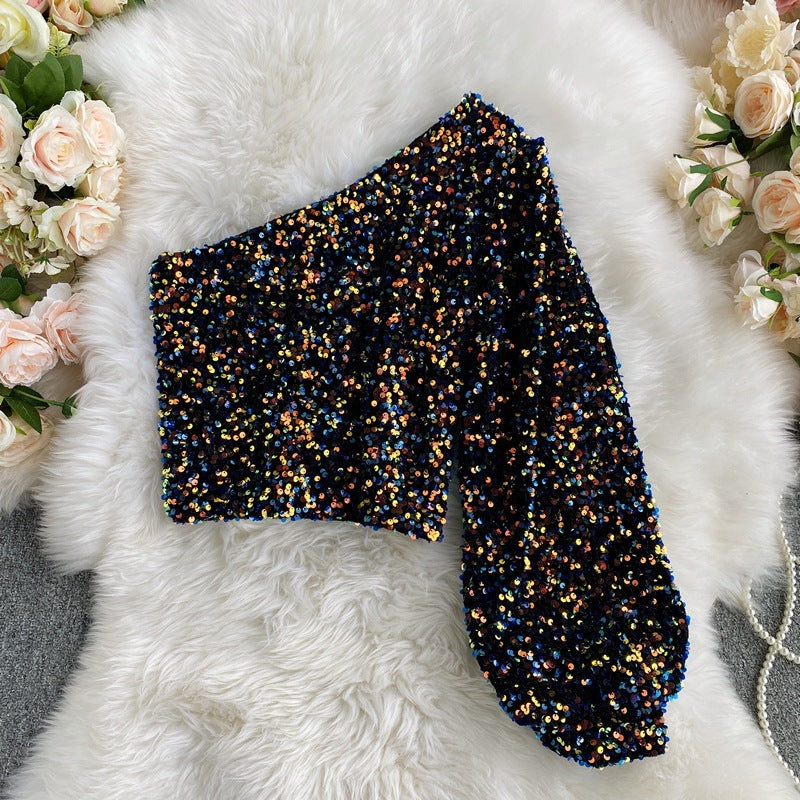 Slim-fit All-matching Short Glitter T-shirt Long Sleeve Top
