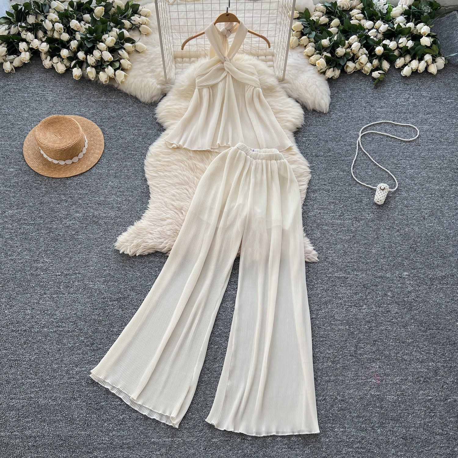Twisted-strap Tube Top With High-waisted Pleated Wide-leg Pants