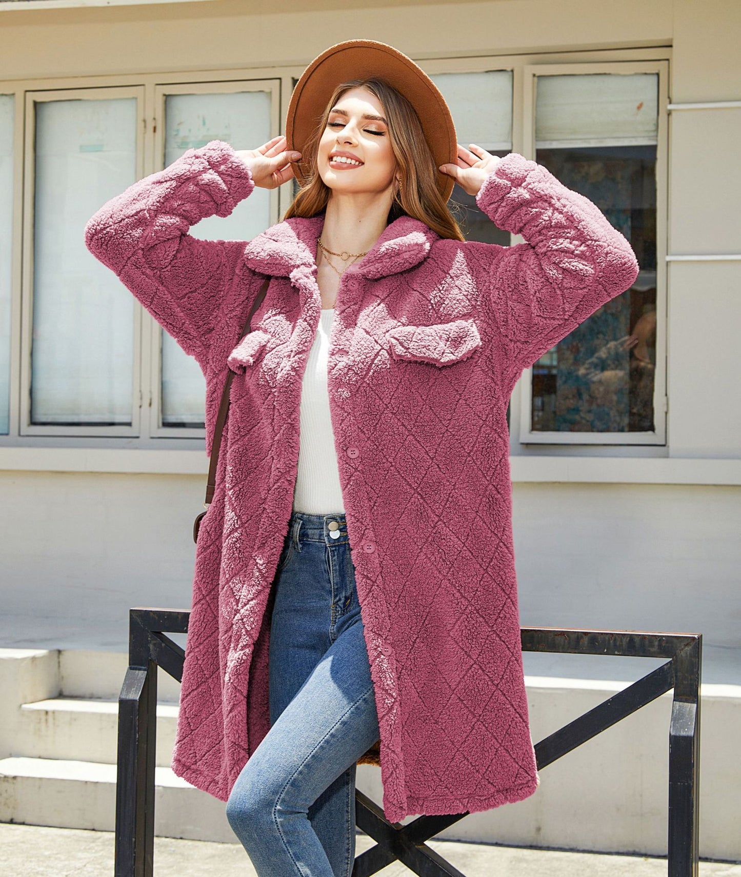 Women's Plush Loose Single-breasted Diamond Coat Overcoat
