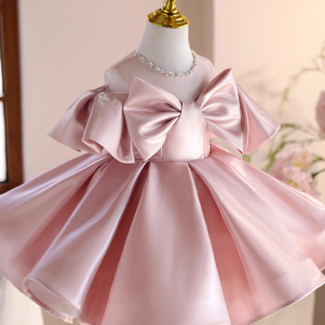 Creative All-match Girls Bow Solid Color Dress