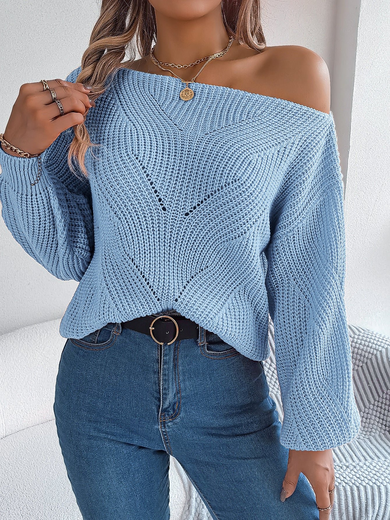 Pull décontracté à manches lanternes et col rond