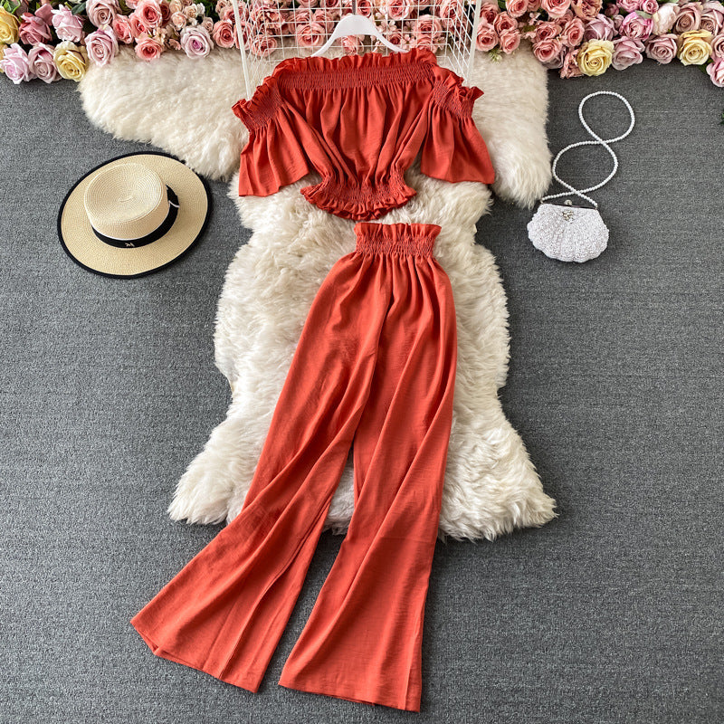 One-shoulder Off-the-shoulder Top High-waisted Wide-leg Pants Two-piece Suit