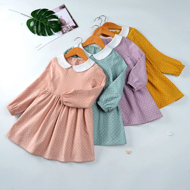 Cotton Cute Doll Collar Long Sleeve Pleated Princess Dress