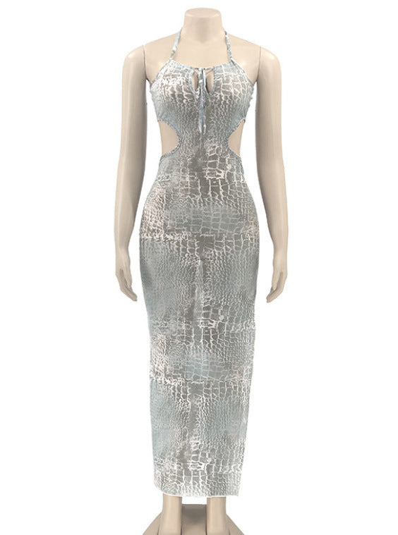 Printed Mesh See-Through Strap Cut-Out Dress