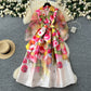 V Neck Tie Waist Mesh Fabric Lantern Sleeves Flattering Long Dress