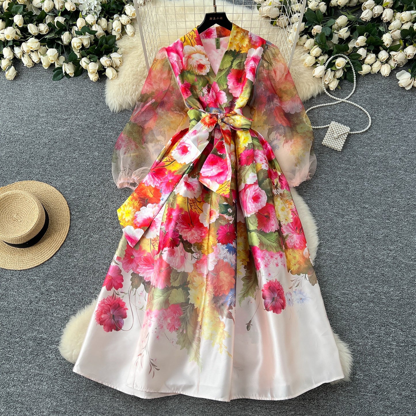 V Neck Tie Waist Mesh Fabric Lantern Sleeves Flattering Long Dress