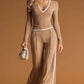Stylish And Casual White-trimmed Brown V-neck Knit Top And Pants Set