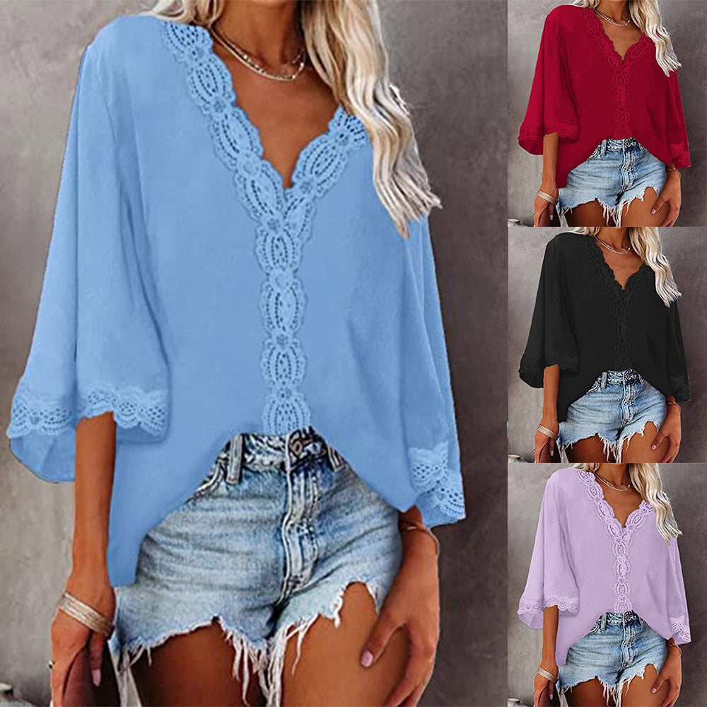 Ladies Bell Sleeve V Neck Lace Shirt