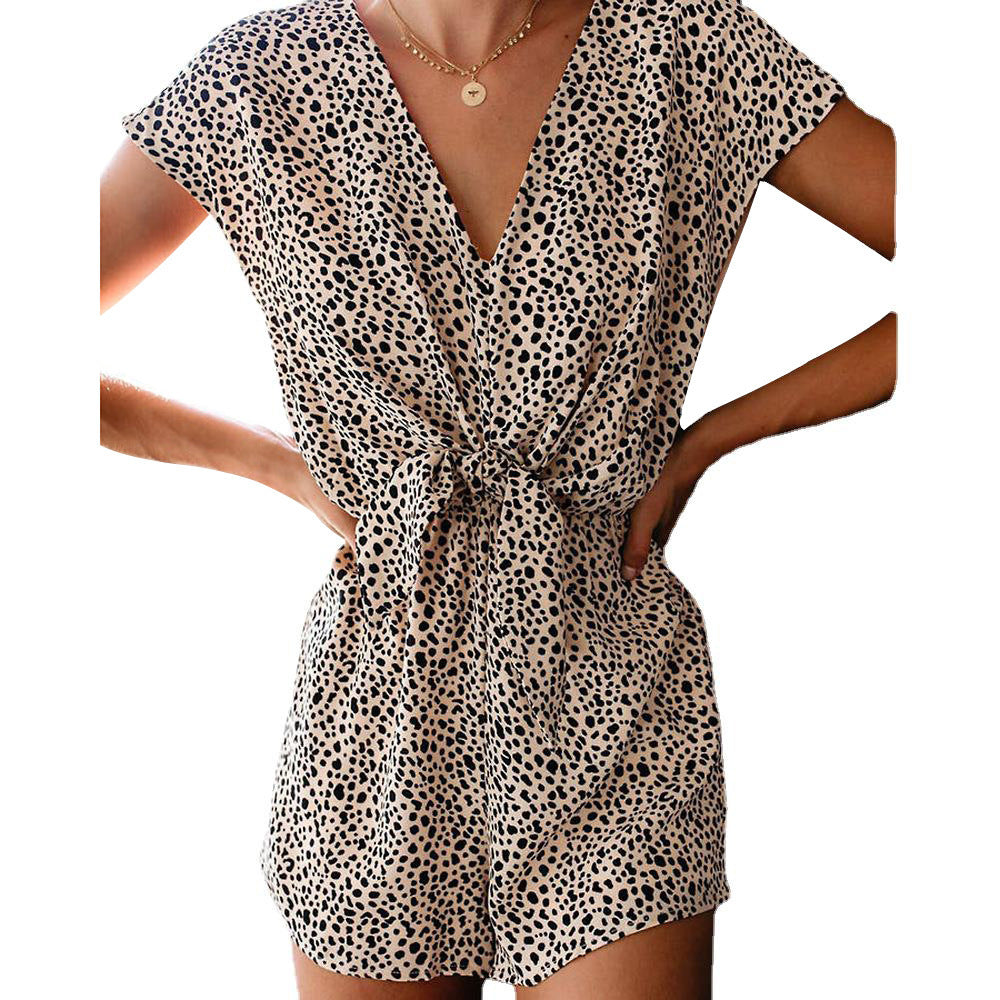 Women's Leopard Print V-Neck Sleeveless Neck Waist Casual Jumpsuit