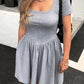 Short Sleeve Square Collar Elegant Women's Slim Fit Pure Color Slimming Dress