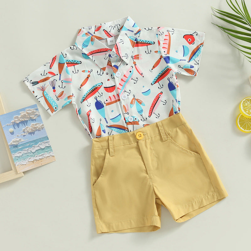 Boy Short Sleeve Printed Shirt Solid Color Shorts Casual Two-piece Suit