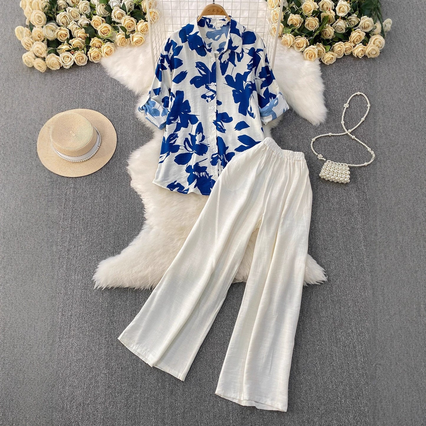 Raglan-sleeve Sun-protective Shirt High-waiste Slimming Wide-leg Pants