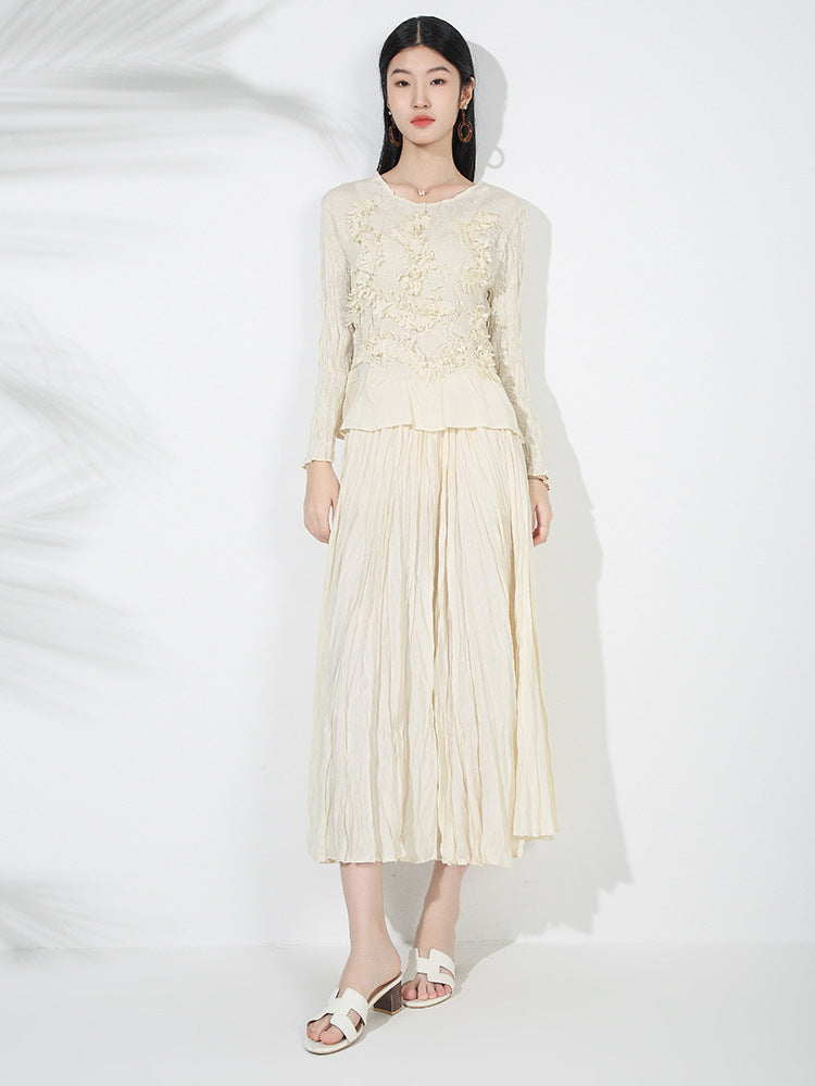 Solid Color Embroidered Long-sleeved Top Handmade Pleated Two-piece Overskirt Suit