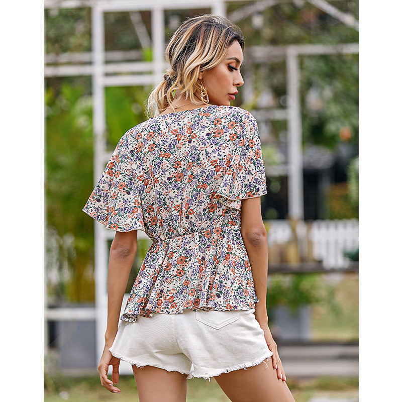 Women's V-neck Waistband Floral Shirt