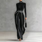 Women's Creative Elegant Stand Collar Contrast Color Binding Long-sleeved Knitted Wide-leg Pants Suit