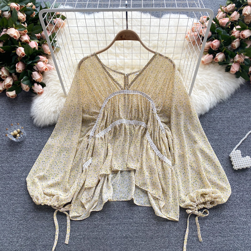 Chiffon Shirt Age Reduction Puff Sleeve Loose Wild Short Floral Doll Shirt