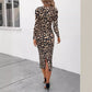 Printed Leopard Print Round Neck Cashmere Long Sleeve Slim Fit Dress