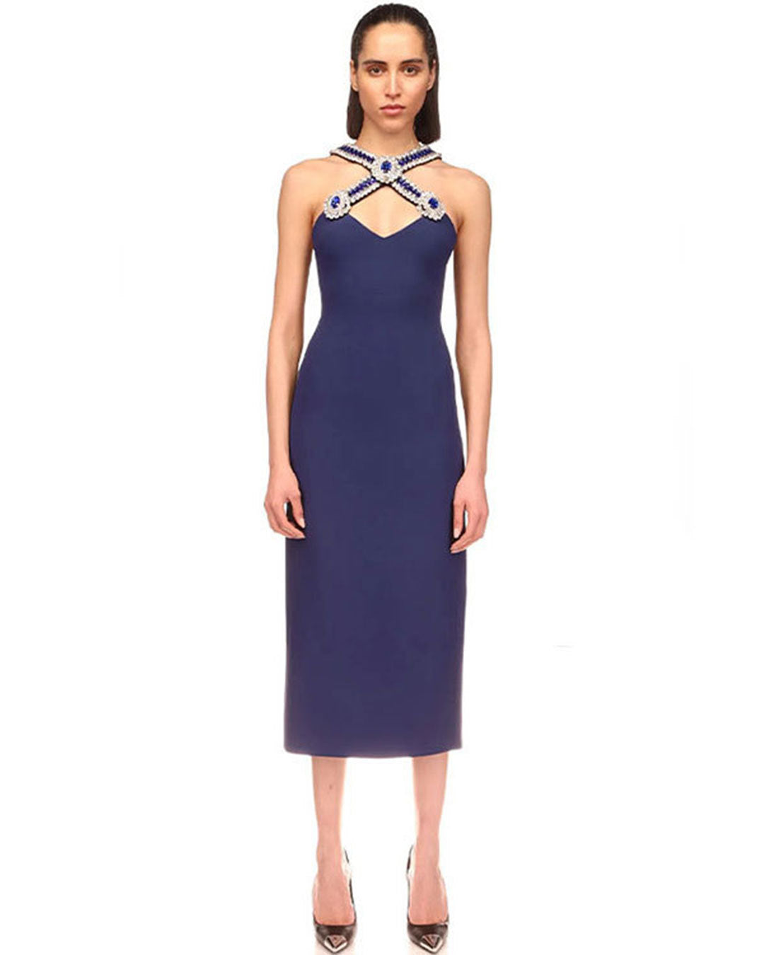 Nouvelle robe sexy sans manches à col en V et diamants