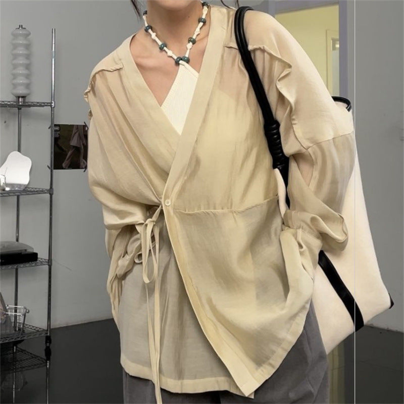 Long Sleeve Sun-protection Overshirt Women's Summer Lace-up Shirt Loose