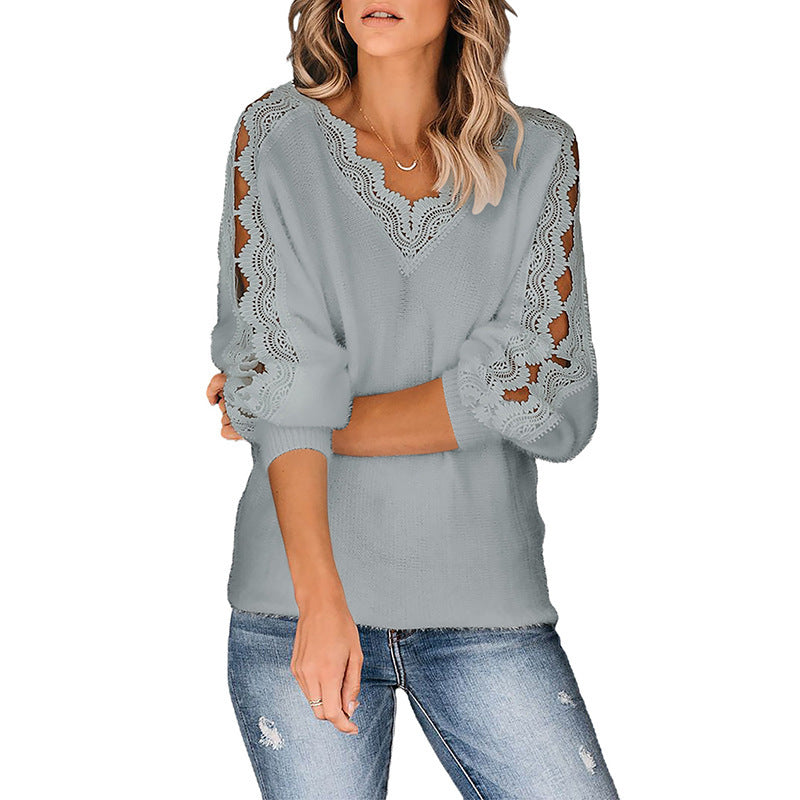 Autumn And Winter New Style Solid Color Lace V-leader Hollow Knit Top Women