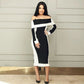 Color Contrast Patchwork Simple Off-shoulder Midi Dress White Dress