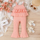 Vêtements pour enfants printemps-été pour jeunes et petites filles, chemisier à col en dentelle, pantalon à rayures enfoncées en corne, costume deux pièces