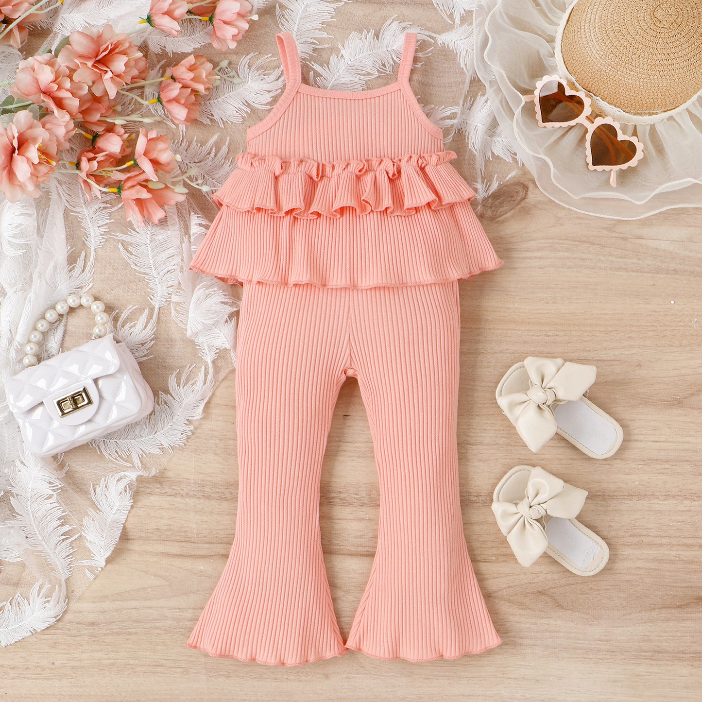 Vêtements pour enfants printemps-été pour jeunes et petites filles, chemisier à col en dentelle, pantalon à rayures enfoncées en corne, costume deux pièces