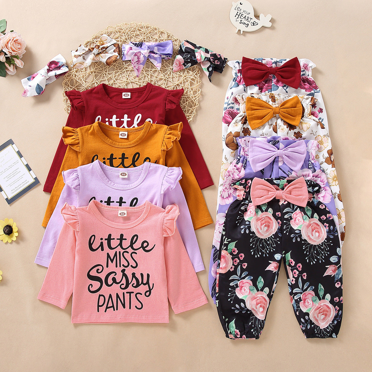 European And American Flower Letter Pattern Flounced Sleeve Bow Girl's Three-piece