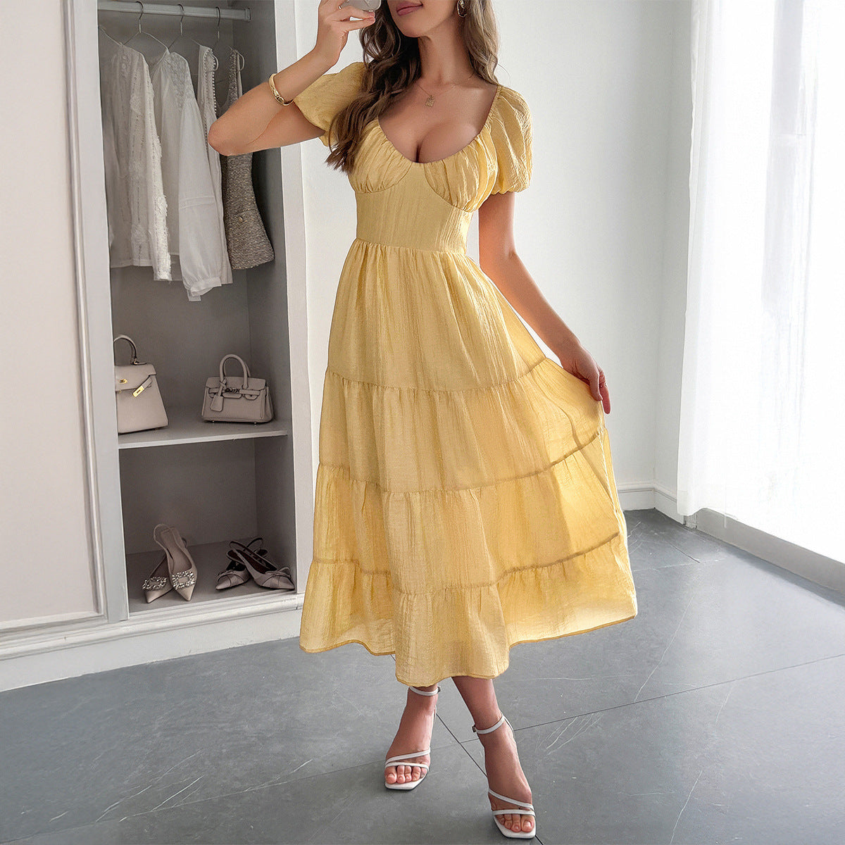 Casual Vacation Style Puff Sleeve Maxi Dress