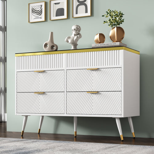 Sideboard Cabinet Dresser With 6 Drawers,Amber Glass Chest Of Drawers, Compartmentalised Storage,Anti-tip,Dressing Table For Living Room, Hallway, Bedroom, And Children's Room, 120 X 40 X 76 Cm, White
