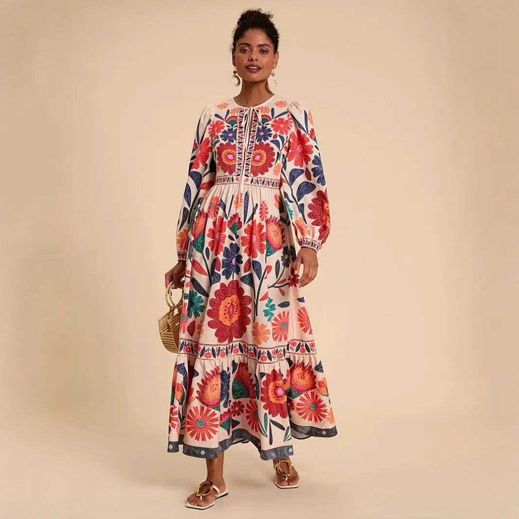 Printed Flared Skirt Long Sleeve Lace Up Casual Dress