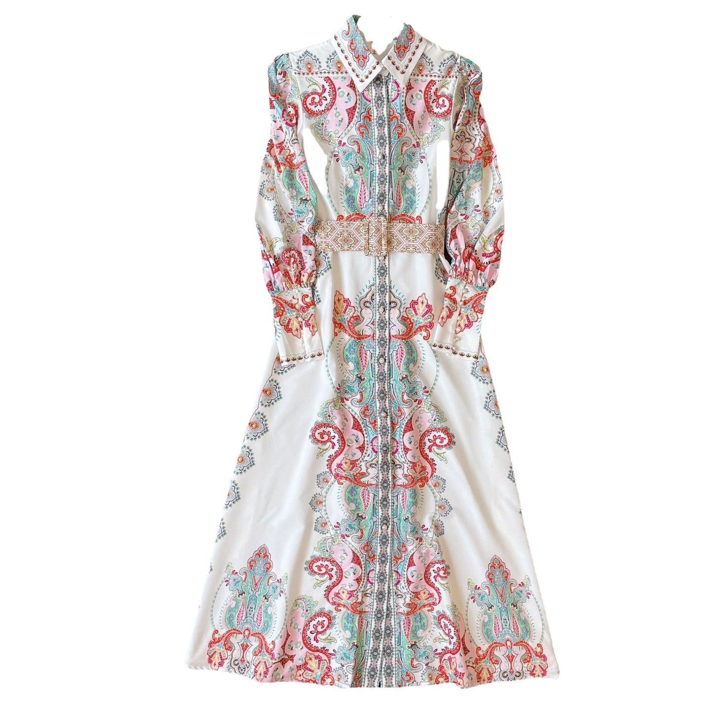 Single-breasted Long Palace Style Printed Dress With Belt