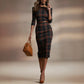 Classic Plaid Three-quarter-sleeve Boat-neck Bodycon Dress
