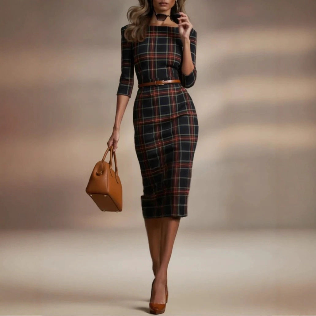 Classic Plaid Three-quarter-sleeve Boat-neck Bodycon Dress