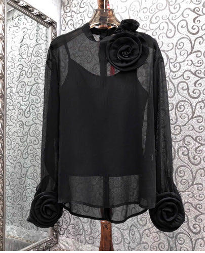 Three-dimensional Plate Flower Stand Collar Long Sleeve Slightly See-through Thin Two-piece Shirt