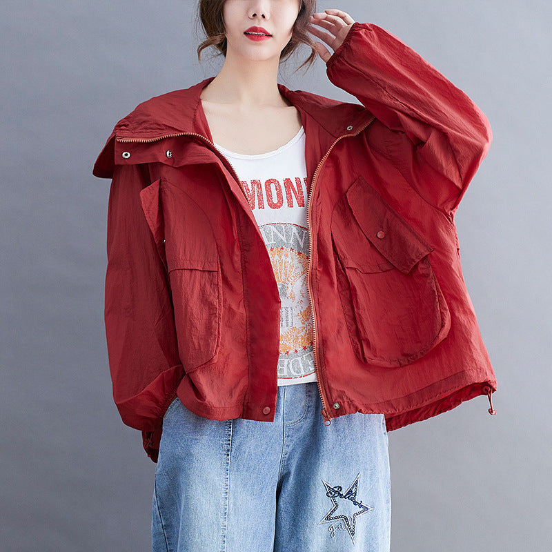Pure Color Patch Pockets Loose Long-Sleeved Hooded Casual Thin Breathable Sun Protection Clothing