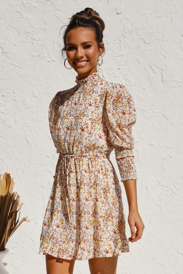 Small floral elastic waist big swing dress