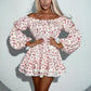 Off-neck Puff Sleeve Pleated Tube Top Printed Waist-controlled Dress