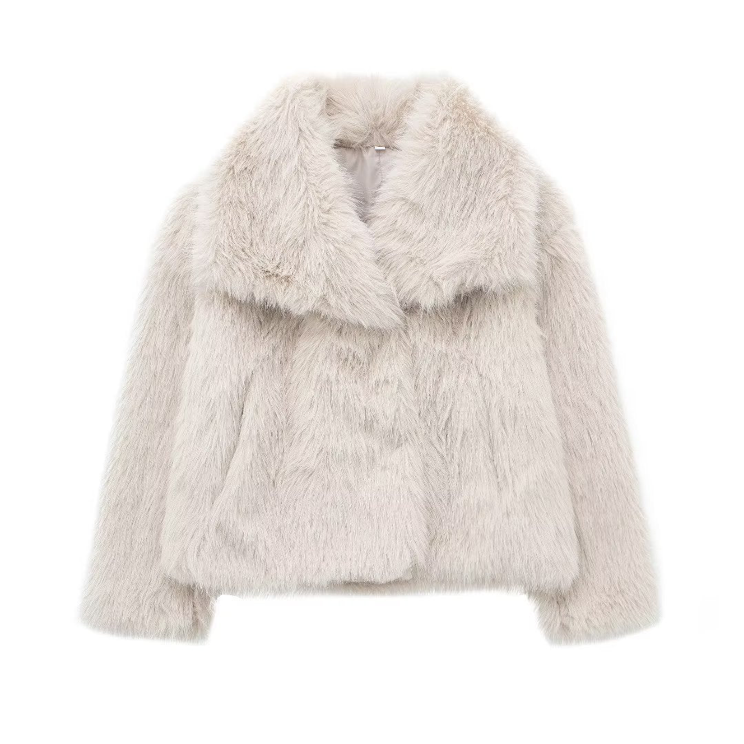 Cardigan à revers et manches longues en fausse fourrure pour femme, manteau court et ample