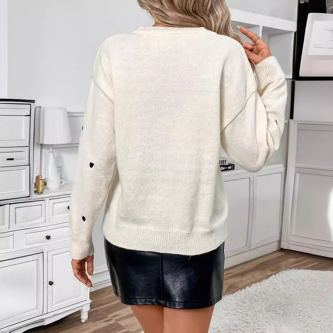 Women's Fashion All-match Love Embroidery V-neck Pullover Sweater