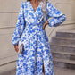 Floral Print Lantern Sleeve Slit Thigh Lace-up Waist