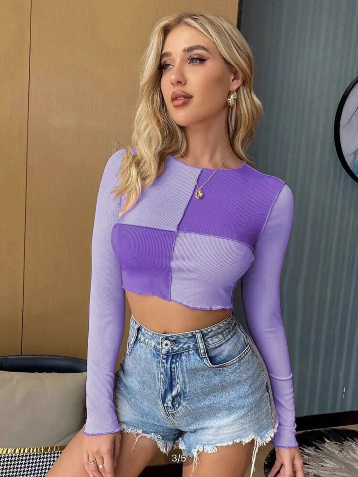 Women's Colorblock Checkered Pullover Irregular Long Sleeve Bottoming Shirt