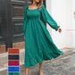 Flared Sleeve Casual Ruffled Square Collar Elastic Waist Large Swing Spring Dress